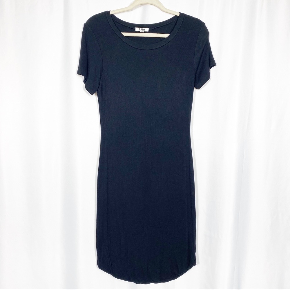 LNA Ribbed Jersey Knit Skinny Bodycon Short Sleeved T-Shirt Dress: Black